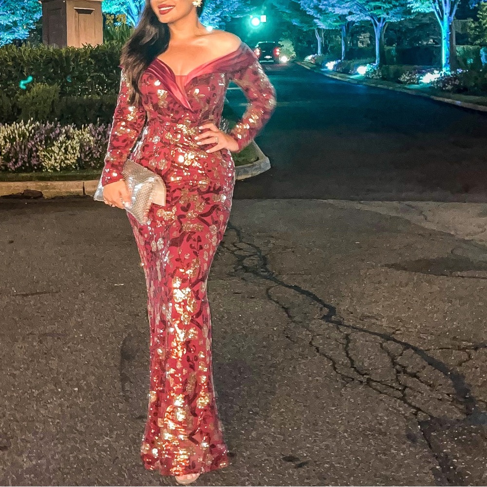 Red floor length formal sequin maxi gown